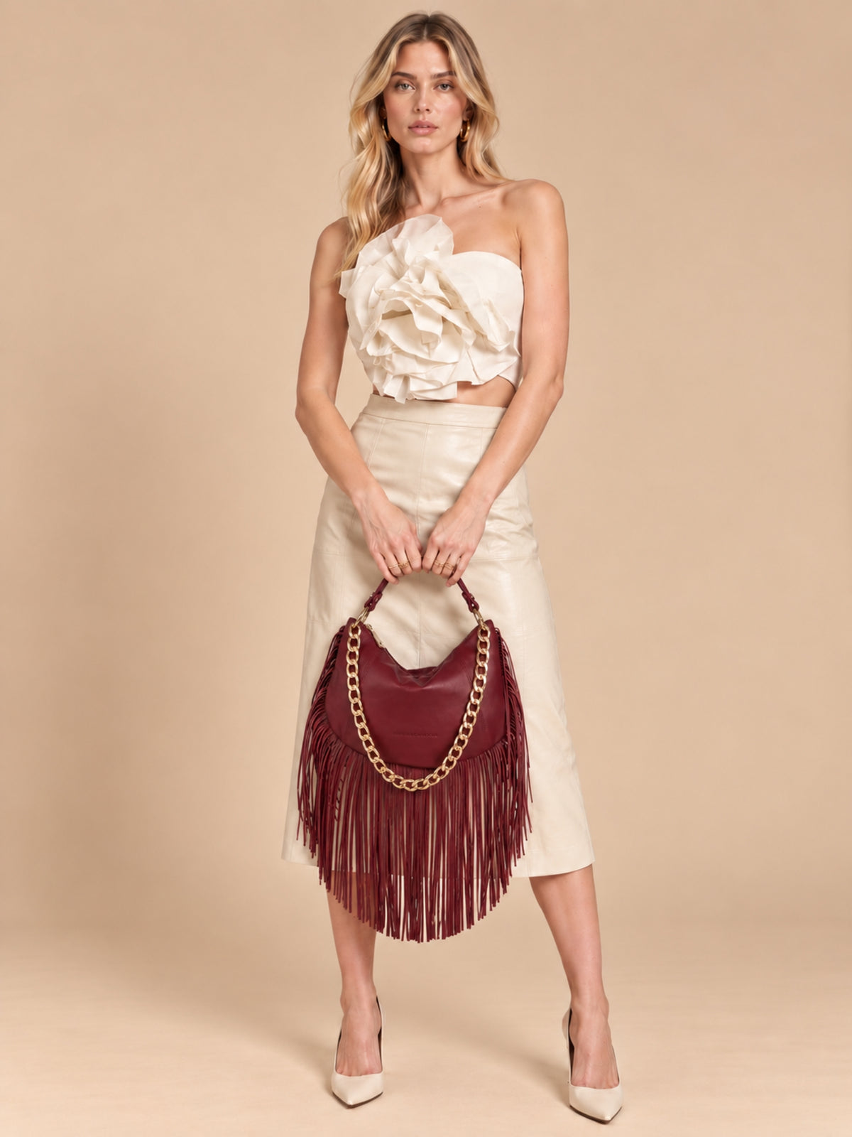 Kate Small – Borsa in pelle con frange - Bordeaux