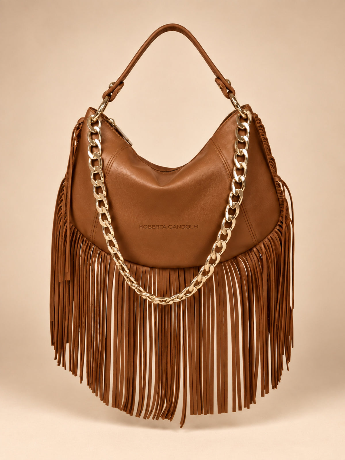 Kate XL – Borsa in pelle con frange - Cognac