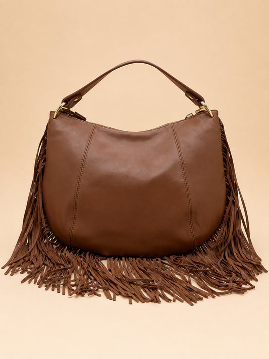 Kate XL – Borsa in pelle con frange - Biscotto